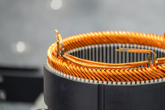 Close-up of a high-efficiency bar copper wire assembly inside a stator part for an electric vehicle (EV) motor.