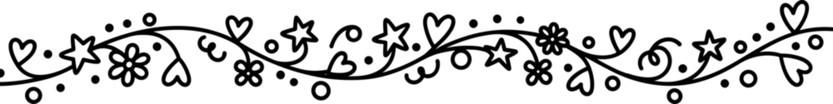 Hand-drawn floral flourish with hearts and stars, decorative border element