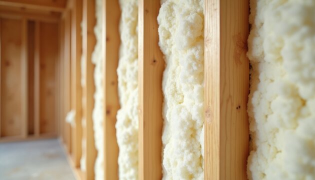Spray foam insulation is applied to wooden wall studs during house construction. This improves thermal efficiency and energy conservation in homes.
