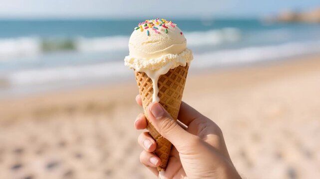 Vanilla ice cream cone with colorful sprinkles held on sunny beach creating sweet refreshing summer dessert atmosphere
