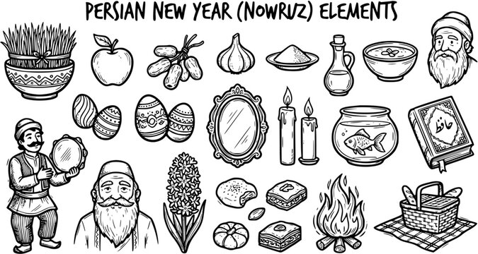 Persian New Year Nowruz Elements Black and White Line Art Hand-Drawn Doodle Collection Illustration