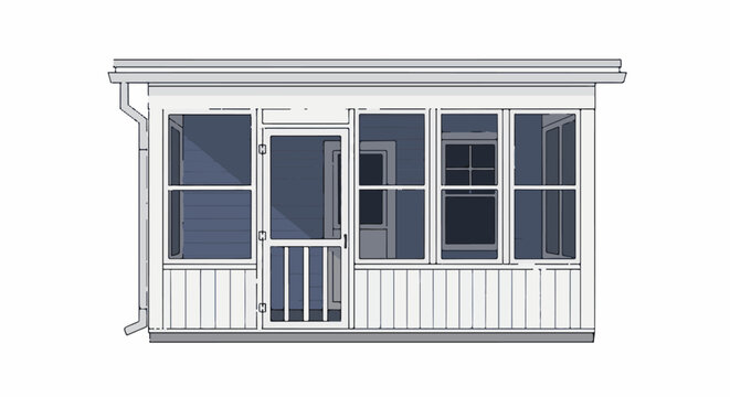 Architectural drawing of a house extension with multiple windows and a door, featuring a pitched roof and siding