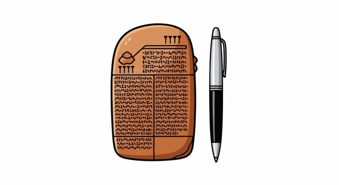 Ancient clay tablet with cuneiform script next to a modern ballpoint pen