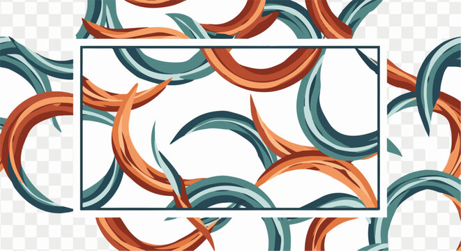 Abstract swirling organic shapes in teal and rust colors form a dynamic, flowing pattern
