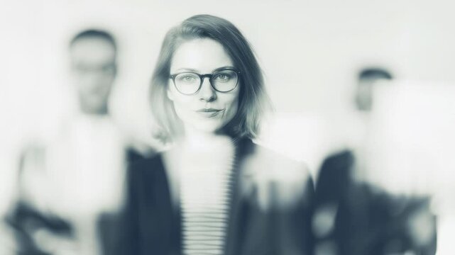 Woman with glasses stands in front of blurred figures in a bright room during a meeting at the office