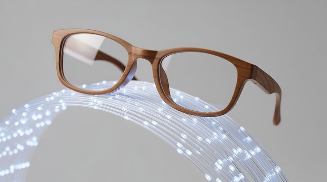 Wooden Frame Glasses Resting on Fiber Optic Cables
