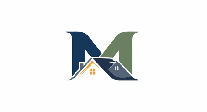 Abstract logo with letter M and integrated house roofs in blue and green tones