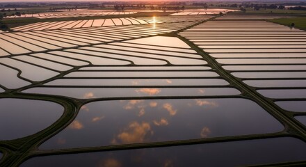 Fototapeta premium Aerial View of Geometric Rice Fields Reflecting Sunset Sky and Clouds at Dusk