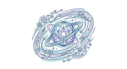 Abstract digital globe with orbiting lines and circuits. © widodo