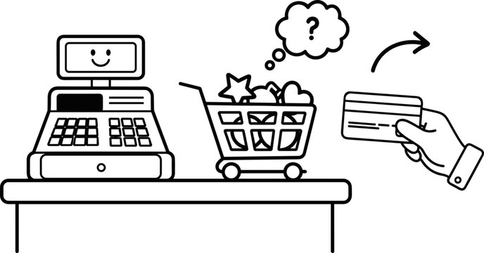 Shopping cart with items, question mark thought bubble, and credit card payment at checkout