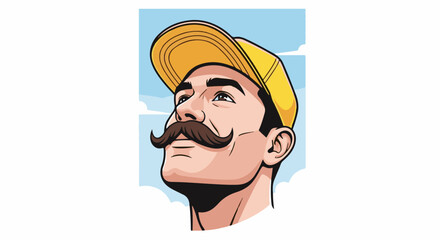 Fototapeta premium Animated man with large mustache and yellow cap looking up at a cloudy sky