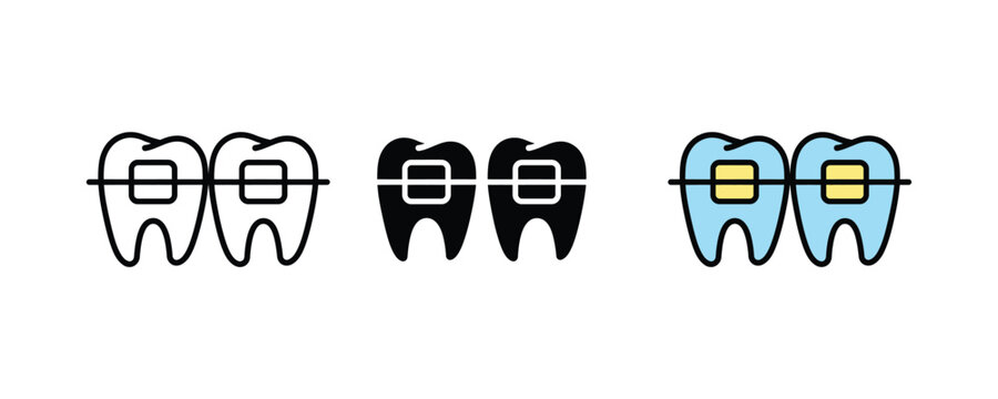 Tooth icons with orthodontic braces icon set. dental care, oral health treatment, teeth alignment services symbol. vector illustration