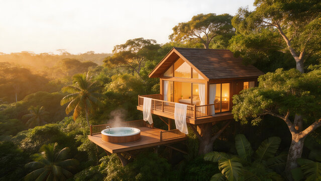 Treehouse with hot tub in forest