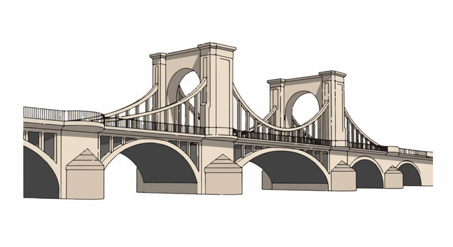 An artistic representation of a suspension bridge with arches, piers, and cables