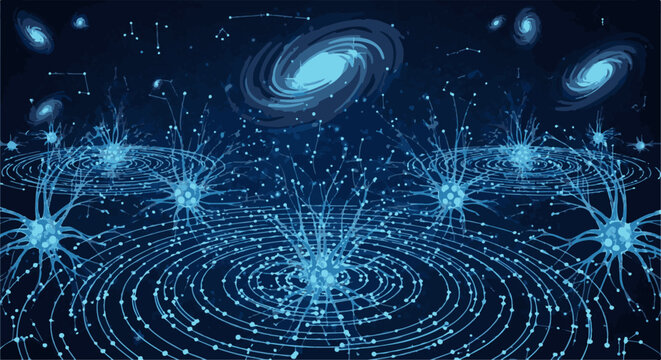 Abstract digital art depicting glowing blue neural networks and distant spiral galaxies