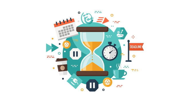 Time Management and Productivity Illustration with Hourglass, Calendar, Stopwatch, and Deadline Flag for Business Planning and Efficient Workflow