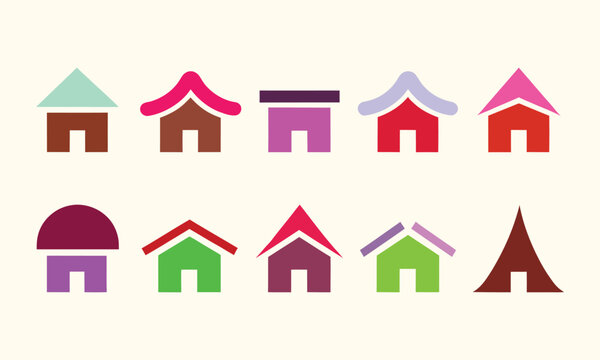 Ten colorful house in various shapes and roof styles