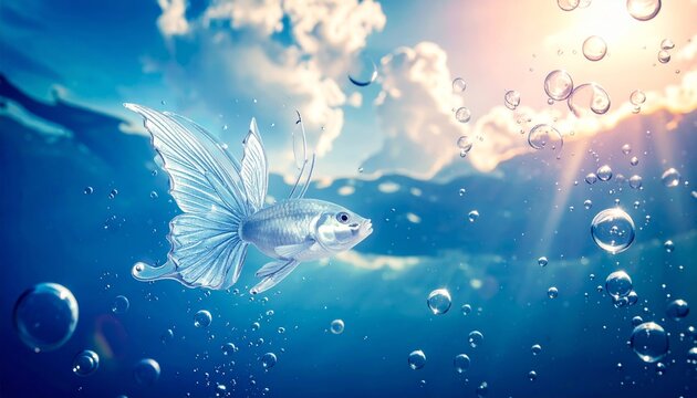 Ethereal silver fish with butterfly wings swims through sky