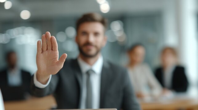 Man raises hand saying no or stop