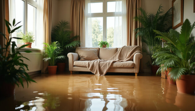 Water inundates living space. Sofa sits in floodwater alongside potted houseplants. Cozy interior suffers damage from unexpected deluge. Home disaster scene shows aftermath of rising water levels.