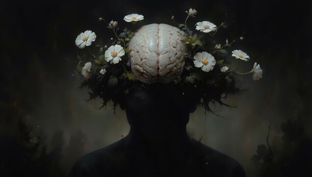 Human brain covered with white chamomile flowers mindfulness or mental health concept