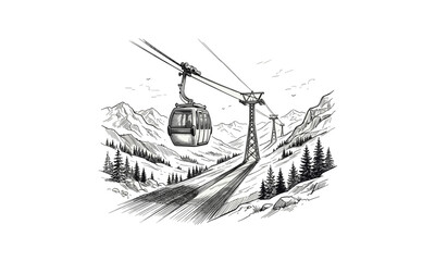Gondola Lift Sketch over Snowy Mountain Pine Forest © goesti
