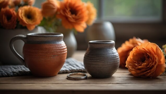 Minimalist rustic ceramic pots on wooden table with orange flowers home decor asset