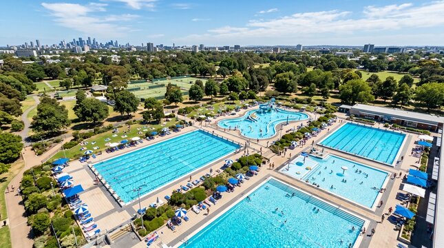 An aerial view of a sprawling public swimming pool complex nestled within a vibrant green park. The complex features multiple pools of various shapes and sizes, with people enjoying the water and sun.