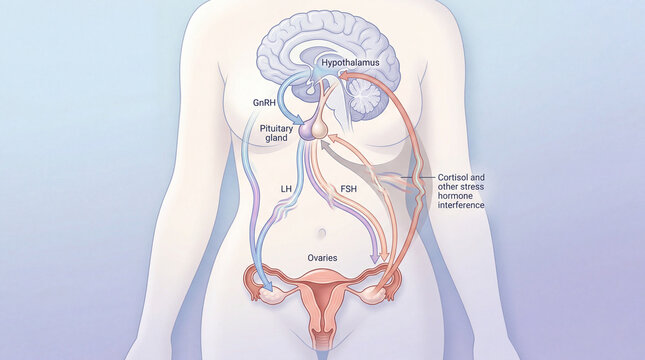 Unveiling the intricate dance of female hormones within the body, illustrating the delicate balance of the HPO axis and stress influence