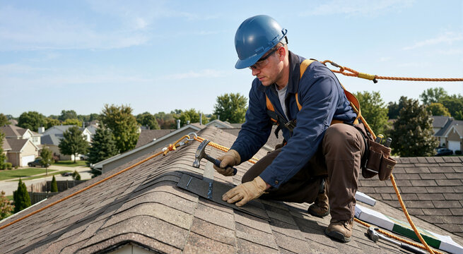 Male roofer repairing residential asphalt shingle roof with hammer. Construction worker wearing safety harness and hard hat kneeling on house exterior