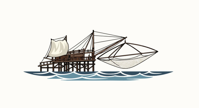 A wooden fishing platform with a large net and sail sits over wavy blue water