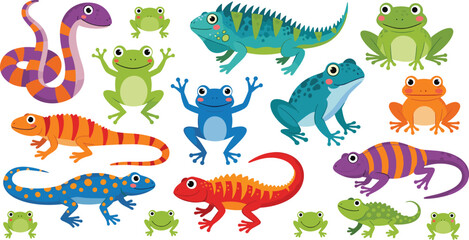 Naklejka premium Cute Cartoon Reptiles and Amphibians Vector Set Featuring Colorful Toy Lizards, Iguanas, Gekkos, Snakes, and Frogs for Kids Wildlife Illustration Designs