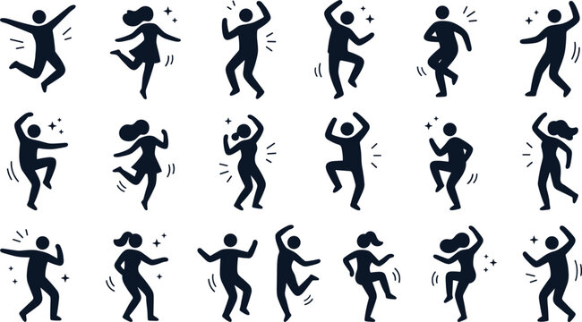 Dancing Silhouette Vector Collection Featuring Black Human Figures in Energetic Dance Poses with Motion Lines and Rhythm Elements