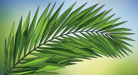 Fototapeta premium Vibrant Green Palm Leaf Frond Against Soft Blue Sky Background