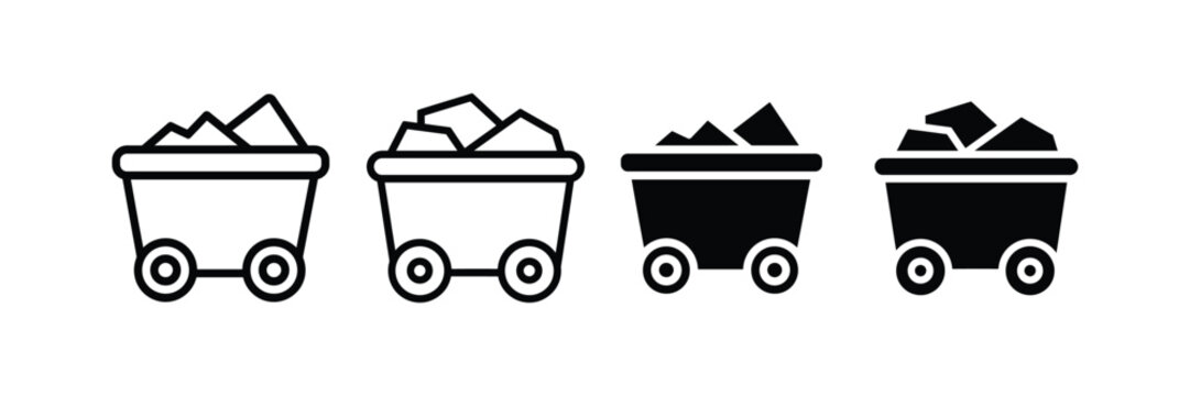 Mining cart with rocks icon set. mineral resources transportation, industrial coal extraction delivery, ore excavation logistics symbol. vector illustration.
