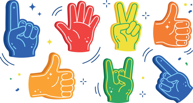 Cartoon Hand Gesture Vector Collection Featuring Colorful Thumbs Up, Peace Sign, Pointing, and Rock On Symbols with Decorative Elements