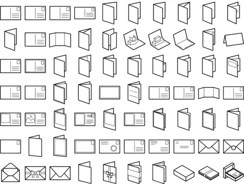 Collection of outline icons for brochure, leaflet, envelope and folded paper. Representing different layouts and formats for printed promotional materials.