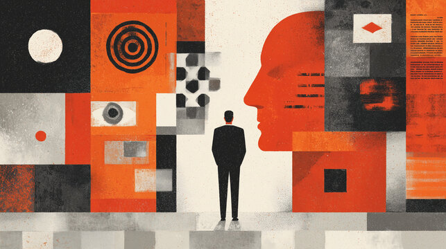 Man Before the Mind &mdash; Businessman Silhouette Facing Abstract Geometric Collage with Giant Human Profile Depicting Strategy and Decision-Making