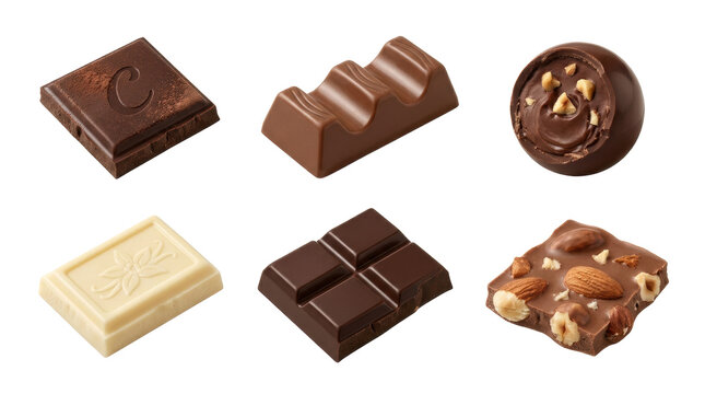 Various chocolate candies and bars isolated on transparent background.