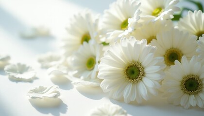 Fototapeta premium White daisy flowers with green centers lay on white surface. Many petals scattered around bloom bunch creating delicate soft romantic beauty. Natural light creates soft shadows on background.