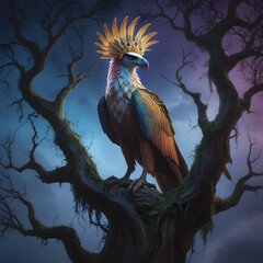 Fototapeta premium Crowned harpy in a spooky tree