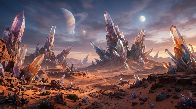 Majestic Crystal Desert Landscape Alien Planet Sky