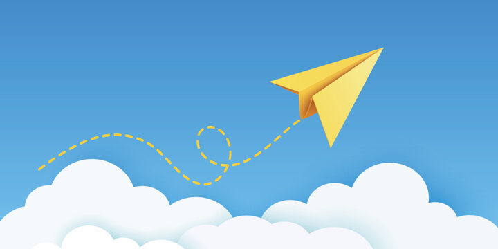 Yellow Paper Airplane Icon, Vector Illustration. Flying Paper Plane with Dotted Line Trail. Email, Message Symbol. 3d Yellow Paper Airplane on Blue Sky Background