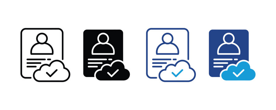 User profile ID card with cloud and check mark icon set. secure cloud identity management, verified online account registration, personal data storage confirmation symbol. Vector illustration