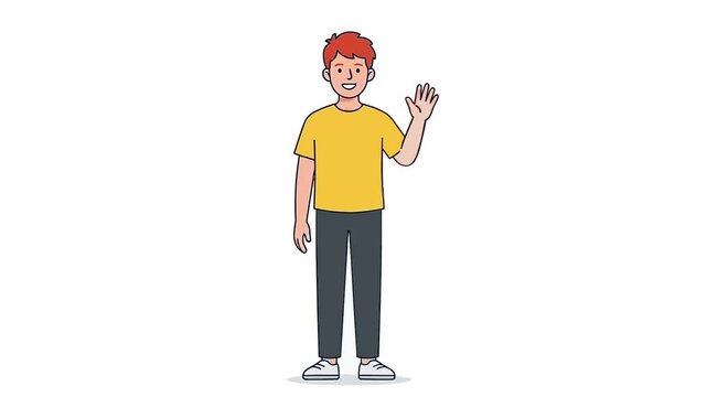 Minimalist flat vector animation of a young man waving hand. Friendly cartoon boy saying hello or goodbye on white background.
