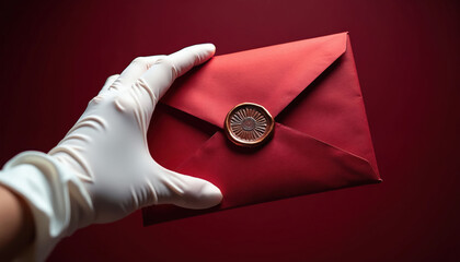 Hand in white glove holds red envelope with copper wax seal. Special delivery important message sent with care. Formal communication, premium mail service, official document exclusive invitation.