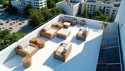 Fototapeta premium Modern rooftop patio with wicker furniture and solar panels offers city views. This terrace provides comfortable outdoor living space with eco friendly energy generation.