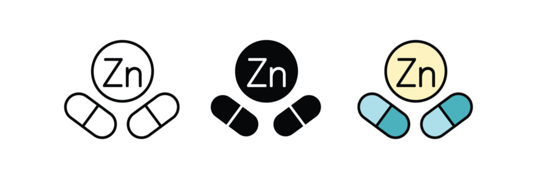 Zinc element symbol with medicine capsules icon set. nutritional health supplement, mineral dietary benefit, medical healthcare pharmaceutical symbol. vector illustration