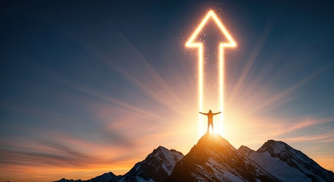 A silhouette of a successful person standing on top of a mountain peak under a glowing upward arrow sign.