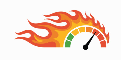Flaming speedometer icon representing high speed performance isolated on white background, fiery racing dashboard symbol for fast acceleration power energy automotive technology modern vector illustra © Vector Creator